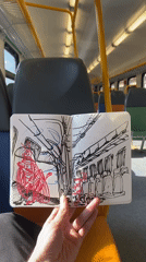 Train passenger sketches interior scenes in Dolgoprudny
