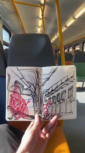 Train passenger sketches interior scenes in Dolgoprudny