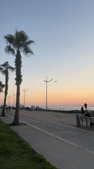 Batumi Boulevard at golden hour — promenade, skatepark, and a sleeping dog