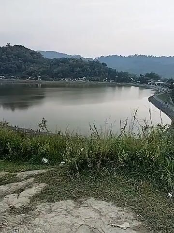 The video opens with a serene view of a large body of water, likely a lake or reservoir, reflecting the overcast sky. Green hills densely covered with trees frame the background, with scattered buildings visible along the distant shore. In the foreground, there's a rocky path and wild green grass and bushes.

At 0:01, a man wearing a yellow t-shirt and black pants walks into the frame from the right. He turns to face the camera and then broadly gestures with both hands towards the expansive body of water, seemingly presenting the scenic view with enthusiasm. The scene appears to be set outdoors in a natural landscape, consistent with the provided location of Jambeyan, Indonesia. The light is diffused, suggesting it could be an overcast day or early morning/late afternoon. No visible text is present.