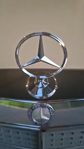 This is a video of a classic Mercedes-Benz car. The camera is focused on the front of the car, specifically the grille and hood ornament. The car is a light color, possibly cream or beige, and the interior appears to be upholstered in brown. The video zooms out slightly to show the car in a display setting, with stanchions and ropes around it, suggesting it is part of an exhibition or show. There is a sign in the background that is not fully legible. The lighting suggests an indoor environment.