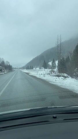 The video shows a view from inside a vehicle driving on a wet road in a wintry landscape. The road is asphalt and has a solid white line marking the lanes. To the right of the road, a snow-covered field with some vegetation is visible. In the distance, a forested mountain fades into a misty sky. There are some buildings visible further down the road. The camera is static, positioned behind the dashboard of the vehicle. The overall lighting is dim due to the overcast weather.