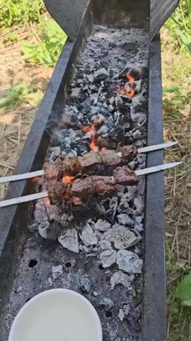 The video shows a close-up, top-down view of two metal skewers, each holding several pieces of meat, resting horizontally over a charcoal grill. The charcoal is glowing with orange flames in several areas, producing smoke that rises around the meat. The grill itself is a long, narrow metal trough with some ash and burnt remnants. To the left of the grill, a portion of a white bowl is visible. The background is blurred but appears to be an outdoor setting with green foliage. The focus is on the meat cooking on the grill.