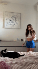 Couple plays with small dog in Tel Aviv bedroom