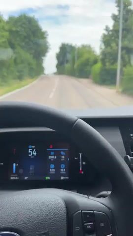 This media file shows a first-person perspective from inside a vehicle, likely a truck, as it drives along a road. The scene is set on a paved road bordered by lush green trees and vegetation, suggesting a rural or semi-rural environment. The sky is visible through the windshield and appears partly cloudy, indicating daytime.

The primary subjects are the interior of the vehicle, including the steering wheel and the digital dashboard display, and the road ahead with its surrounding scenery. The dashboard displays several pieces of information: "54" which is likely the speed in km/h, "2597.3" possibly representing distance traveled in km, and other metrics like "15", "12.5", "12.2", and "477 km". There is also a temperature reading of "22°". The activity taking place is driving.

Notable details include the road markings, which show white lines indicating lanes and directional arrows. There are also streetlights visible along the road. On the right side of the road, a triangular warning sign with a red border and a symbol of a bicycle is visible. The overall impression is a pleasant, daytime drive through a green landscape.

The location context provided is Schwaigern, Germany, which aligns with the signage and road infrastructure that might be found in that region. No people are directly visible, and the emotions conveyed are neutral, focusing on the act of driving and the surrounding environment. The time of day is clearly daytime due to the bright lighting and the visible sky.