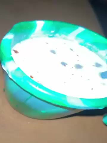 Here is a detailed description of the video:
The video shows a small, green and white patterned bowl containing a white, milky substance with brown and red particles scattered throughout. A silver spoon rests in the bowl, and a hand is seen using the spoon to stir the contents. The bowl is sitting on a dark brown surface. The lighting is dim, and the focus is primarily on the bowl and its contents.