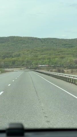The video depicts a view from inside a moving vehicle, driving on an empty asphalt road.  A gray metal guardrail runs along the right side of the road, marked with red and white reflectors. On the other side of the guardrail is a freight train running along railroad tracks.  In the background, a dense green forest covers a hill under a cloudy sky. The asphalt has lines painted on it indicating the lanes and direction of traffic. There is a black object attached to the bottom of the view, likely a part of the vehicle's dashboard or interior.