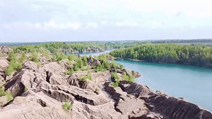 Turquoise water body observed from aerial view near Uzlovaya