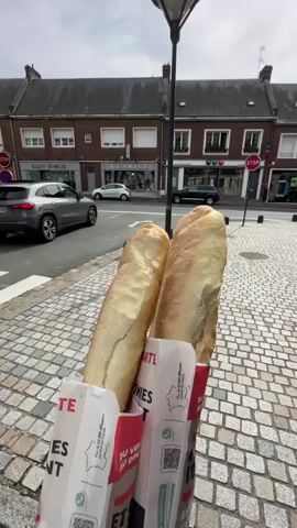 Two baguettes are held in the foreground, wrapped in paper packaging. In the background, a street scene unfolds with buildings lining the street, shops with signage, cars driving by, and a cobblestone street and sidewalk. A lamppost stands in the middle ground. The sky is overcast.