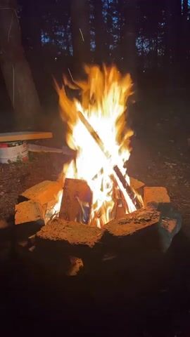 The video depicts a brightly burning campfire, constructed within a ring of bricks, located in a dark outdoor setting, possibly a forest or wooded area, at dusk or night. The fire is actively burning with tall, orange and white flames consuming pieces of wood arranged in a teepee shape. There is a sound of what appears to be an owl. In the background, the silhouettes of trees are visible against the darkening sky. To the left of the fire, out of focus, there are hints of objects like lumber and a bucket.