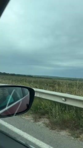 The video shows a view from a car, likely in motion, looking out the passenger side window. The foreground includes the side mirror of the car, which reflects a portion of the interior and a person wearing a teal shirt. A white metal guardrail runs along the side of a paved road. Beyond the guardrail is a field of tall, dry grass and some green vegetation. In the distance, the landscape appears mostly flat with rolling hills and a few scattered trees. The sky is overcast with heavy, gray clouds. Power lines are visible stretching across the horizon. The overall impression is a rural, possibly agricultural, landscape under a cloudy sky. The audio is a song with Russian lyrics.