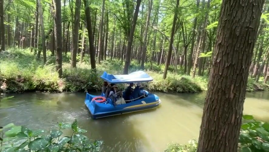 Blue boat carries passengers through forest canal in Xinghua