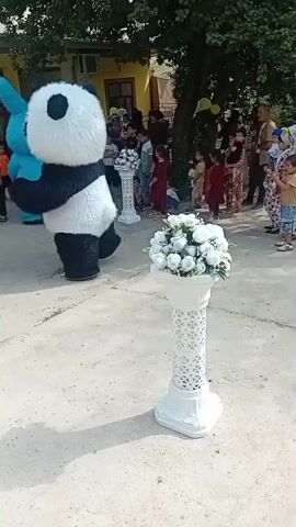 The video shows an outdoor scene with a group of people, including children, gathered around two costumed characters: a panda and a blue rabbit. The characters are interacting with the children, who appear to be engaged and excited. The panda character is in the foreground, facing the camera, while the blue rabbit character is slightly behind and to the left, also facing the camera. The background shows a building with yellow walls and a tiled roof, as well as trees and greenery. There are also white decorative pillars with floral arrangements placed around the area. The overall atmosphere seems festive and celebratory, possibly a party or event for children.