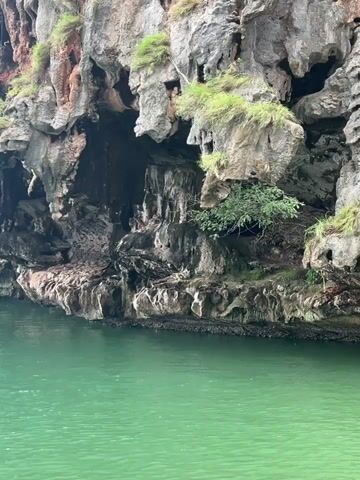 The video shows a rocky cliff face with green water in the foreground. The cliff is a mix of gray and reddish-brown rock, with patches of green vegetation growing on it. There are several small caves or overhangs in the cliff face. The water is a bright, emerald green and appears calm. The overall impression is one of a natural, scenic landscape, possibly a coastal area or a tropical island. There are no people or man-made objects visible in the video.