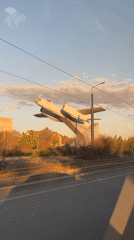 Outdoor memorial aircraft on pedestal in Orsk, Russia