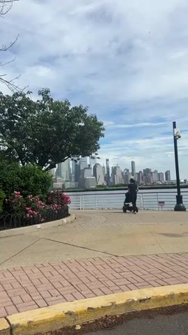 A vertical shot showcases a waterfront scene with a partial view of the New York City skyline in the background, partially obscured by a tree. A woman is seen standing by a railing, facing the skyline while holding onto a baby stroller. The foreground shows a brick-paved path with a curb painted yellow. Pink flowers are visible in a garden bed near the path. A black lamppost is situated on the right side of the frame. The sky is blue with scattered clouds.