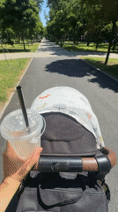 Woman documents park stroller outing with selfies and refreshments