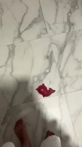 A person's feet are visible at the bottom of the frame, with a red dolphin-shaped toy on the floor. The person is walking, and their feet move out of frame. The toy remains in its position. The flooring appears to be white marble tiles.