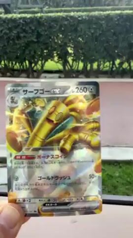 Here is a description of the video.

The video shows a hand holding up a Surfing Go EX Pokemon card in front of a green hedge. The card is holographic and shows a yellow Pokemon character. The text on the card is in Japanese. The card is held still, and the background is slightly blurred.