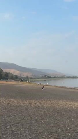 The video shows a beach scene on a cloudy day. The beach is covered in dark gray and brown sand, with a calm body of water extending to the horizon. In the distance, hazy mountains are visible. Several people are scattered along the beach, including individuals sitting on the sand and a group wading in the water near a designated swimming area marked by buoys and ropes. A sign is visible near the water's edge. The camera pans slightly, keeping the horizon and beach in view.