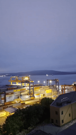 Vladivostok container port at dusk, seen from multiple angles