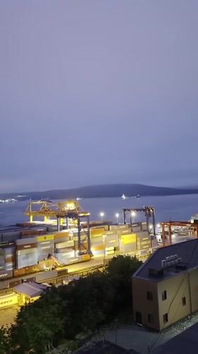 Vladivostok container port at dusk, seen from multiple angles