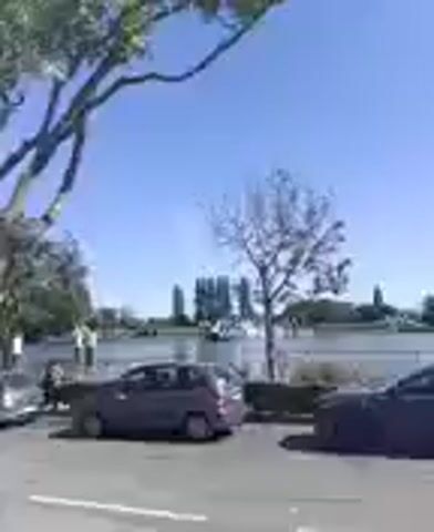 The video displays a street scene with several cars, trees, and buildings. In the foreground, there are a few cars. One car is dark colored and appears to be a sedan or SUV. Another car is lighter colored, possibly silver or white, and seems to be a hatchback or small SUV. There are also traffic lights and road signs visible. In the background, there are more trees and several tall buildings, suggesting an urban or suburban environment. The sky is clear and blue, indicating good weather. The video appears to be a street-level view, possibly from a moving vehicle or handheld camera.