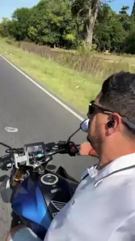 Here's a description of the video:
A man is riding a blue Honda motorcycle on a paved road. He is wearing sunglasses and a white collared shirt. The speedometer shows the motorcycle is traveling at 87 kilometers per hour. The road has a white line on the left side, and trees and vegetation line the right side of the road.