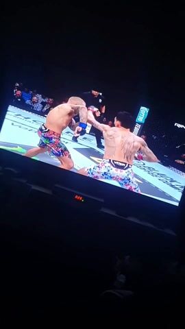 A video shows a television screen in a dark room. The screen displays a scene of two bare-chested fighters in an octagon. One fighter in colorful shorts with neon green shoes is shown falling to the ground. The other fighter, also in colorful shorts, with a large tattoo on their back, is standing. A referee is standing near them, and there is an audience visible in the background. The screen also shows a digital display of the number 026.