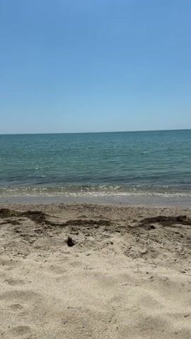 The media file depicts a serene beach scene in Aheloy, Bulgaria. The foreground is dominated by the soft, light-colored sand of the beach, showing subtle textures and indentations. A line of darker seaweed or debris runs along the edge where the sand meets the water. The middle ground features the gentle, turquoise-blue water of the sea, with small waves lapping at the shore. The surface of the water is textured with ripples and reflects the sunlight, creating a shimmering effect. In the distance, the horizon line is sharp, separating the sea from a clear, bright blue sky. A few wispy white clouds are visible in the upper portion of the sky.

The scene captures a tranquil moment, likely during the daytime given the bright sunlight and clear sky. The weather appears to be warm and pleasant, ideal for a beach visit. There are no people or man-made objects visible, emphasizing the natural beauty of the location. The overall emotion conveyed is one of peace and relaxation. The location cues, such as the clear sky, blue sea, and sandy beach, are typical of a coastal resort area. There is no visible text in the media file.