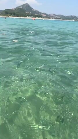 The media file captures a first-person perspective of someone swimming in clear, turquoise water. The water is calm with gentle ripples, allowing visibility to the sandy bottom. Small fish can be seen swimming in schools beneath the surface, creating subtle disturbances in the water. In the background, a distant shoreline is visible, featuring a sandy beach lined with vegetation and some scattered buildings. Further inland, rolling hills rise, with a prominent peak dominating the horizon. The sky is a clear, bright blue, indicating sunny weather. The overall scene evokes a sense of tranquility and relaxation, suggesting a pleasant day at the beach or a leisurely swim in the ocean. No text is visible in the media file. The location context places this scene in Castiadas, Italy.