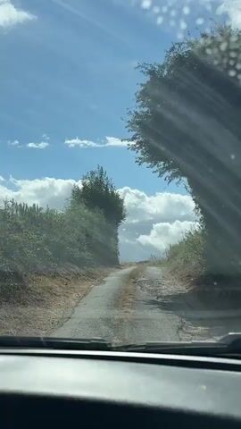 The video is shot from the perspective of someone inside a vehicle looking through the windshield. The view is of a narrow, paved road winding through a rural landscape. The road is bordered by lush green trees and foliage on both sides. The sky above is a bright blue with scattered white clouds. Sunlight streams down, creating some glare on the windshield, and streaks of light are visible across the scene, suggesting the sun is at an angle. The road appears to be slightly damp in places. In the distance, the road leads towards a bright, slightly hazy horizon, possibly indicating a higher elevation or a break in the trees. The overall impression is of a peaceful, sunlit drive on a country lane.