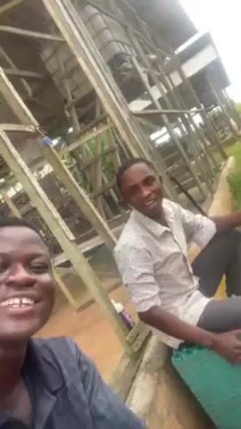 Two men are taking a selfie outdoors, in front of a large, enclosed structure that appears to be for fish farming. One man is seated on a stack of green egg trays, holding a phone and talking to the camera. He is wearing a light-colored, patterned button-down shirt and dark pants. The second man, who seems to be taking the selfie, is wearing a dark shirt and smiling. Behind them is the fish farming structure, constructed of wood and wire mesh, with large white tanks visible inside. The ground is a mix of concrete and dirt, and there is green grass visible in the background. A bottle of liquid cleaner is on the ground next to the seated man.