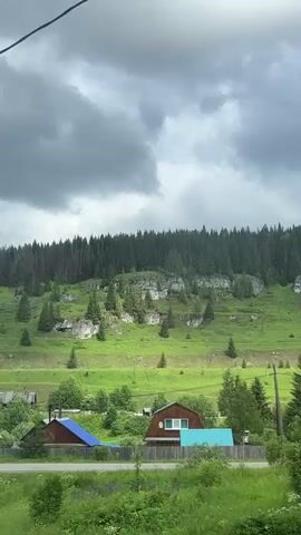 The video shows a view from a moving vehicle, looking out at a rural landscape. In the foreground, a white metal fence runs along the bottom of the frame. Beyond the fence, there are glimpses of houses with colorful roofs, including a brown house with a light blue roof and a brown house with a teal roof. A tall, dark green conifer forest dominates the background, rising up a green, grassy hillside. Scattered across the hillside are lighter-colored rock formations and more scattered conifer trees. The sky is overcast with heavy, dark gray clouds. A single black power line runs diagonally across the upper portion of the frame.