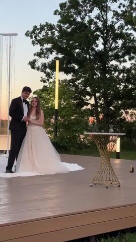 A bride and groom stand on a wooden deck outdoors at dusk. The bride wears a white wedding dress with a sweetheart neckline and a full skirt. The groom is in a black tuxedo with a bow tie. They are holding hands and smiling. Behind them, a waiter in a white shirt and black apron carries a tiered wedding cake with a bride and groom topper. The cake is being brought towards a decorative gold stand with a glass top. In the background, there are trees and lights, with the sky showing sunset colors. The scene appears to be a wedding reception or ceremony.