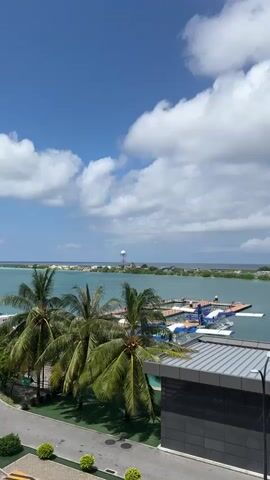 A vertical shot shows a serene body of turquoise water under a partly cloudy sky. Palm trees are visible in the foreground, with their fronds gently swaying. A modern building with a metallic roof and glass facade sits to the right, adjacent to a paved area. In the water, a collection of seaplanes are docked at a floating platform. In the distance, a water tower stands on a strip of land, beyond which lies the ocean meeting the horizon. The scene is peaceful and evokes a tropical atmosphere.