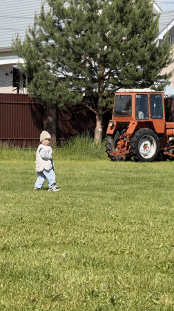 Toddler spotted on lawn with orange tractor in Vysokinichi