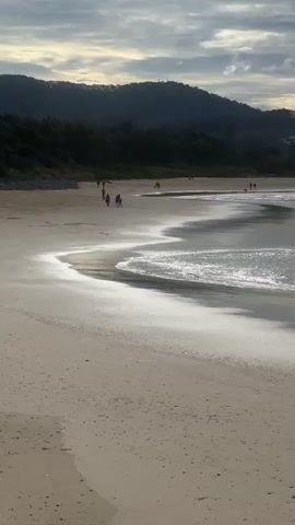 A vertical, long shot shows a sandy beach with a gentle surf rolling onto the shore. The sky above is overcast with some lighter patches indicating the sun is trying to break through. A line of dark green trees and a mountainous silhouette form the background. Several people, appearing as small figures from this distance, are walking along the shoreline, some in groups and others individually. The water is calm and reflects the muted light of the sky. The sand is a light tan color, with subtle ripples from the receding tide. The overall scene depicts a peaceful, possibly early morning or late afternoon, beach environment.