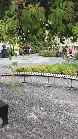 A courtyard scene with cobblestone pavement and lush greenery. In the background, a person is setting up what appears to be a DJ booth with speakers. To the right, another person is seen, possibly interacting with equipment. The environment suggests an outdoor gathering or event.