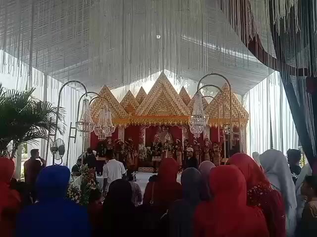 The video captures a wedding reception in a large, tented venue. The background features an ornate, elevated stage decorated with tiered, golden roofs and red drapes, suggesting a traditional cultural ceremony. Two large crystal chandeliers hang from the tent ceiling, illuminating the area. In front of the stage, a group of people, possibly wedding guests, are gathered, with many women wearing headscarves in various colors, including red, blue, and gray. Some are dressed in traditional attire. The foreground is filled with guests, their backs mostly to the camera, obscuring a clear view of the entire event. A palm tree is visible on the left side of the frame, adding a touch of greenery to the otherwise draped interior. The lighting appears to be a mix of natural light filtering through the tent and the artificial light from the chandeliers. The atmosphere seems festive, with people observing the proceedings on stage.