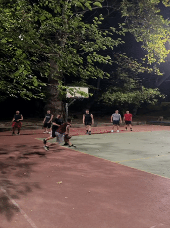 Pickup basketball and a light-up fountain on a Sandanski summer night