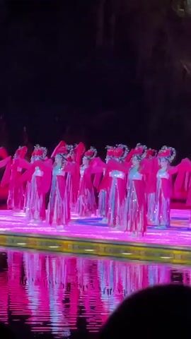 A group of women are performing a choreographed dance on a stage reflecting in the water at night. The women are wearing matching traditional costumes in a vibrant pink hue, adorned with headdresses and long flowing sleeves. The stage is illuminated with pink light, and their reflections create a mirrored image in the water below. The background is dark, with glimpses of trees at the edges of the frame. The camera remains mostly still, capturing the dancers' synchronized movements and the colorful display.