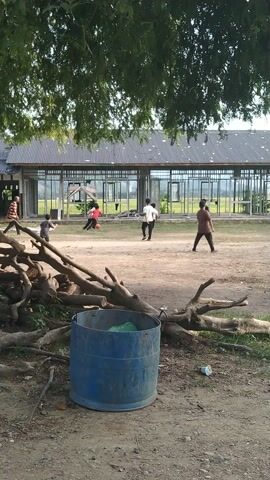 In this outdoor scene, several individuals are engaged in various activities. A long, modern building with a dark roof and metal supports runs along the left side of the frame. Green trees flank the left edge of the image. In the foreground, a blue barrel sits among a pile of logs and branches. The ground is a mix of dirt and sparse grass.

Several people are scattered across the open area in front of the building. One person in the center appears to be running. Other individuals are walking or standing. In the lower right portion of the frame, a young person in a plaid shirt and patterned pants is facing away from the camera, with one arm extended. The lighting suggests it is daytime, likely late afternoon or early evening due to the shadows. The weather appears to be fair. The overall mood seems relaxed, with people enjoying outdoor activities. No text is visible in the image.