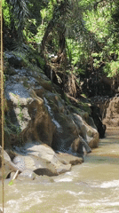 Turbulent river flows through Indonesian gorge amid tropical scenery