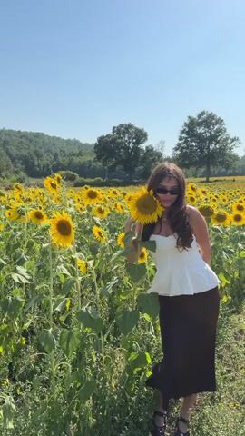 A young woman with long, dark hair and sunglasses stands in a field of sunflowers. She is wearing a white peplum top and a dark skirt. The woman is holding a sunflower and waving to the camera. The sun is shining, and the sky is blue. There are trees in the background.