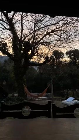 The video captures an outdoor scene at dusk. In the foreground, a wooden table with a textured surface is visible. Beyond the table, a dark wooden railing with decorative circular cutouts separates the viewer from the yard. To the left, a large, bare tree with a thick, vine-covered trunk dominates the frame. An orange hammock is suspended between two points in front of the tree. In the mid-ground, a patch of grass is visible, with a large, light-colored cushion or beanbag on the ground to the right. Further back, dense foliage and trees form a dark backdrop. The sky above is a pale gradient of yellow and blue, indicating the setting sun. The overall impression is one of a serene, rustic outdoor space.
