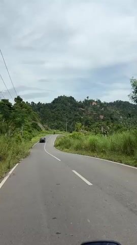 This media file captures a scenic view of a winding asphalt road in Blangpante, Indonesia. The road curves through lush green hills blanketed with dense vegetation. Tall grasses line the sides of the road, with trees and foliage contributing to the vibrant greenery. In the distance, a dark-colored car is seen navigating a curve on the road. A few utility poles with wires are visible along the left side of the road. The sky is overcast with scattered clouds, suggesting a potentially humid day. The overall impression is one of a peaceful, natural landscape, possibly a rural or remote area. There is no visible text in the media. The time of day appears to be daytime, given the general illumination.