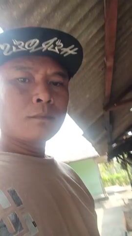 A person wearing a black baseball cap and a brown t-shirt is holding a bunch of green leaves and is in the foreground. In the background, a goat is eating from a trough in a wooden pen. The pen is made of wood and has a corrugated metal roof. There are also some logs and other objects in the background. The video appears to have been taken outdoors during the day.