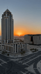 Multi-angle sunset views across modern city skyline