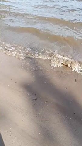 The video shows a close-up view of gentle waves lapping onto a sandy shore. The water is murky brown, and small whitecaps indicate the movement of the waves. The sand is light tan and appears wet near the water's edge. Shadows of what appear to be trees or vegetation are cast across the sand, suggesting it is daytime and the sun is shining. A few small pieces of debris, possibly twigs or seaweed, are scattered on the sand. The focus is on the water and the immediate shoreline.